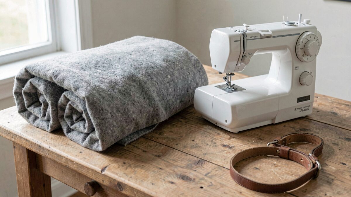 Ein aufgerollter grauer Wollstoff und eine Nähmaschine auf einem Holztisch in einem hellen Raum, daneben eine zusammengefaltete Decke und eine Leine; Tageslicht von links, ruhige Aufsicht aus leichter Draufsicht.
